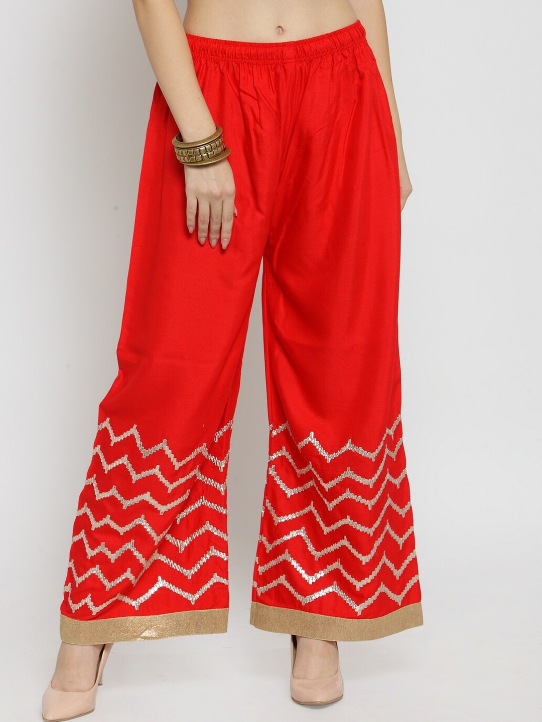 

Castle Lifestyle Women Red & Gold-Toned Palazzos With Zig-Zag Gota Patti Design