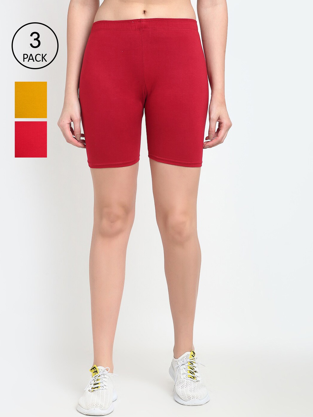 

Jinfo Women Set Of 3 Cycling Cotton Sports Shorts, Red