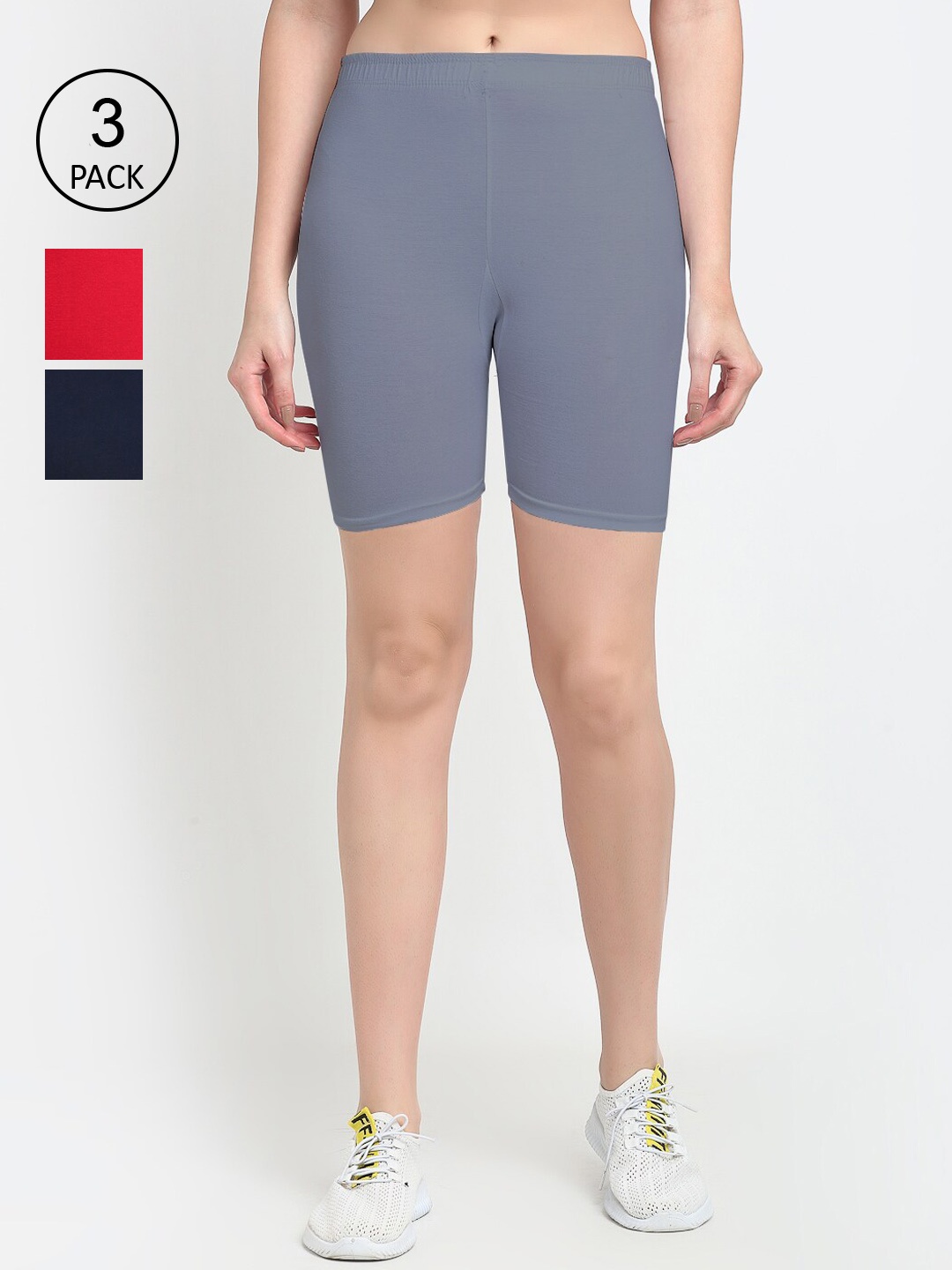 

Jinfo Women Red & Grey Set Of 3 Biker Shorts