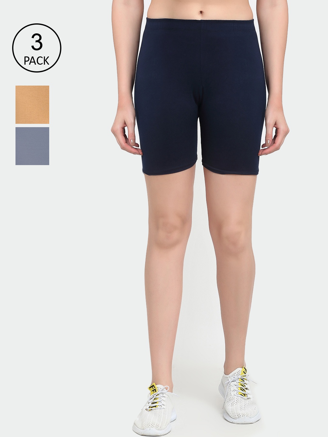 Jinfo Women Grey & Beige Cycling Shorts Pack Of 3