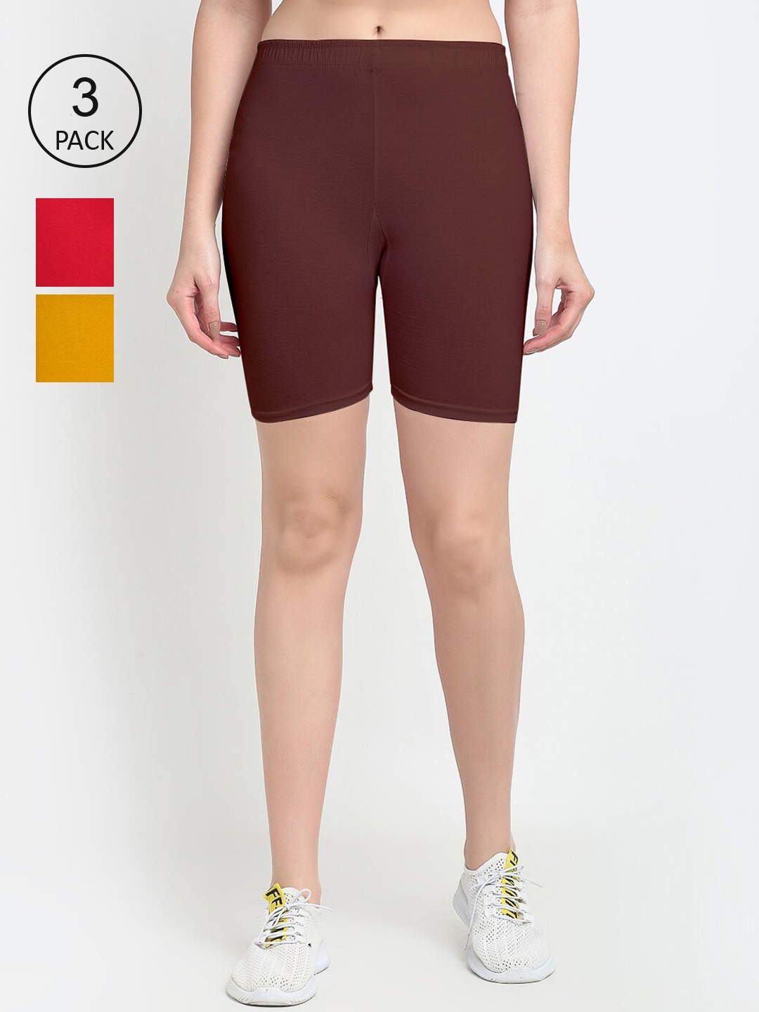 

Jinfo Women Red & Mustard Solid Cycling Sports Shorts Pack Of 3