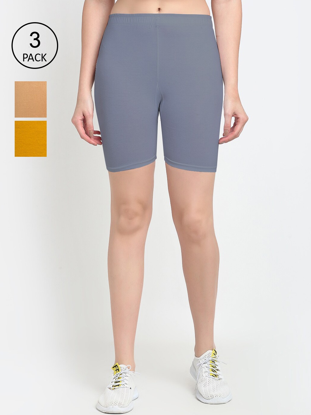 

Jinfo Women Pack of 3 Grey & Mustard Yellow Cycling Shorts