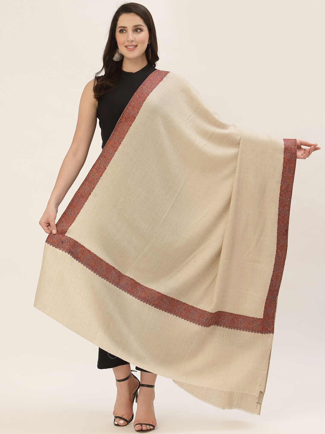 

Pashtush Women Beige & Maroon Solid Woolen Shawl