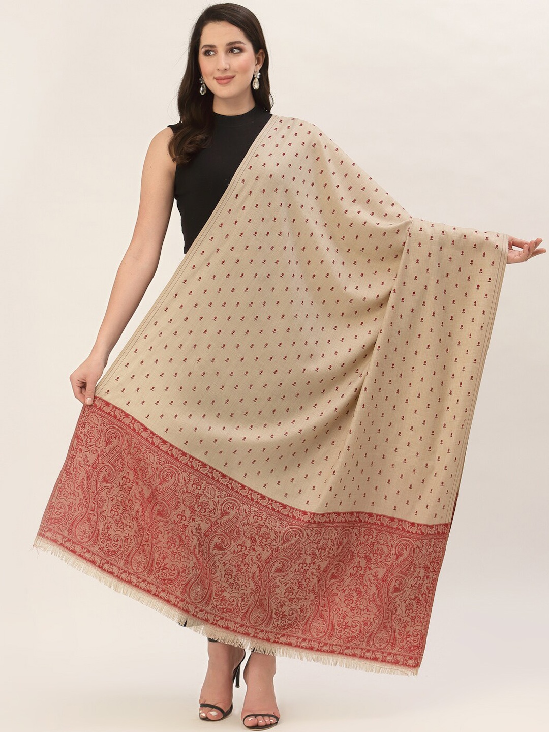 

Pashtush Women Beige & Maroon Ethnic Motifs Woven Design Shawl