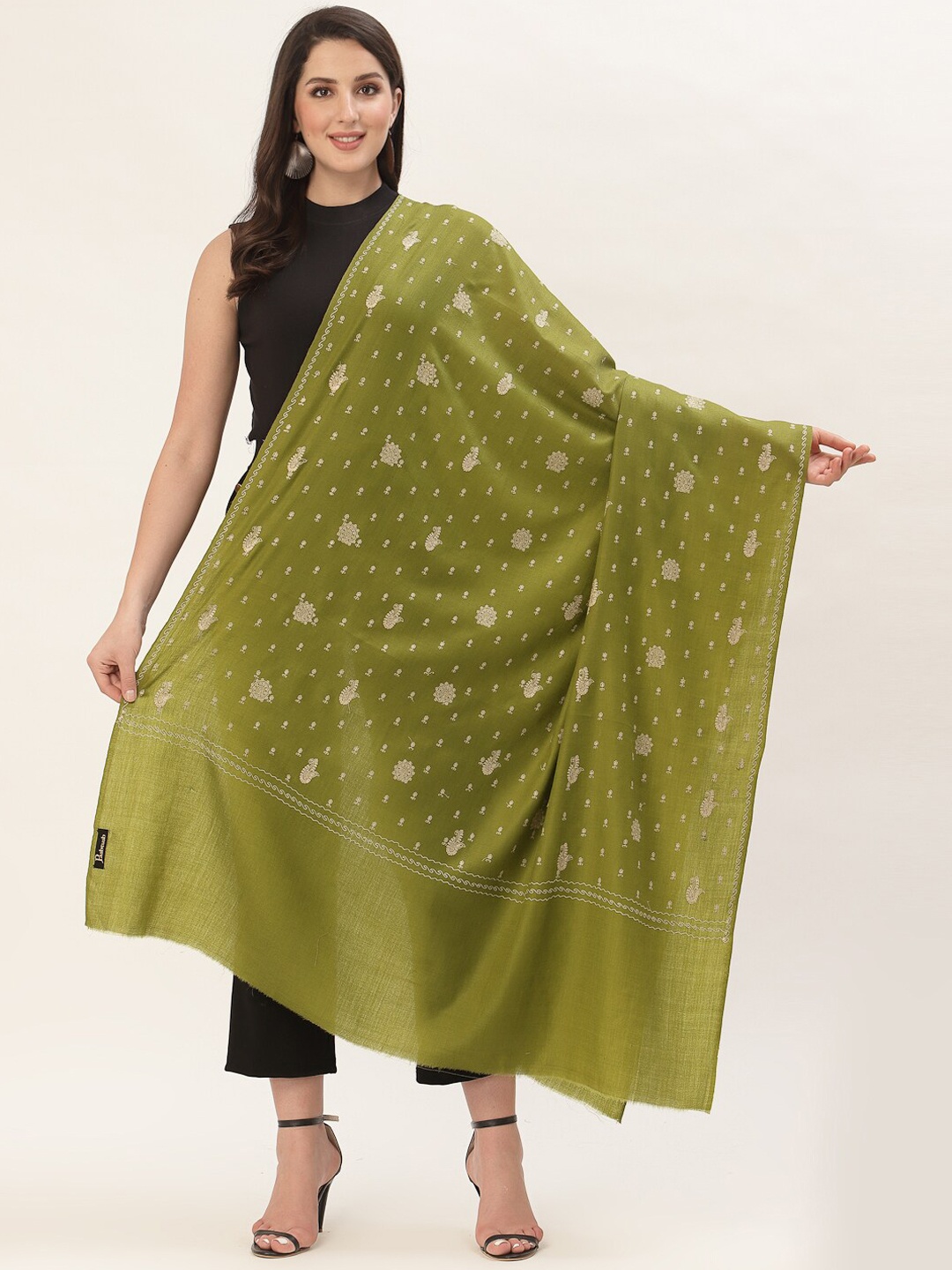 

Pashtush Women Olive Green Embroidered Woolen Shawl