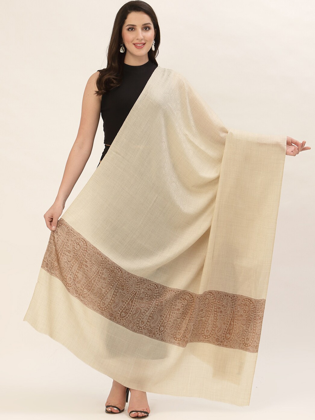 

Pashtush Women Beige Printed Pure Woolen Shawl