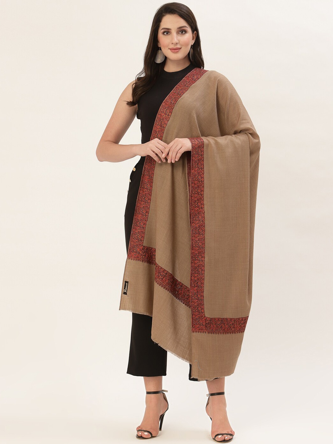 

Pashtush Women Beige & Maroon Solid Woolen Shawl