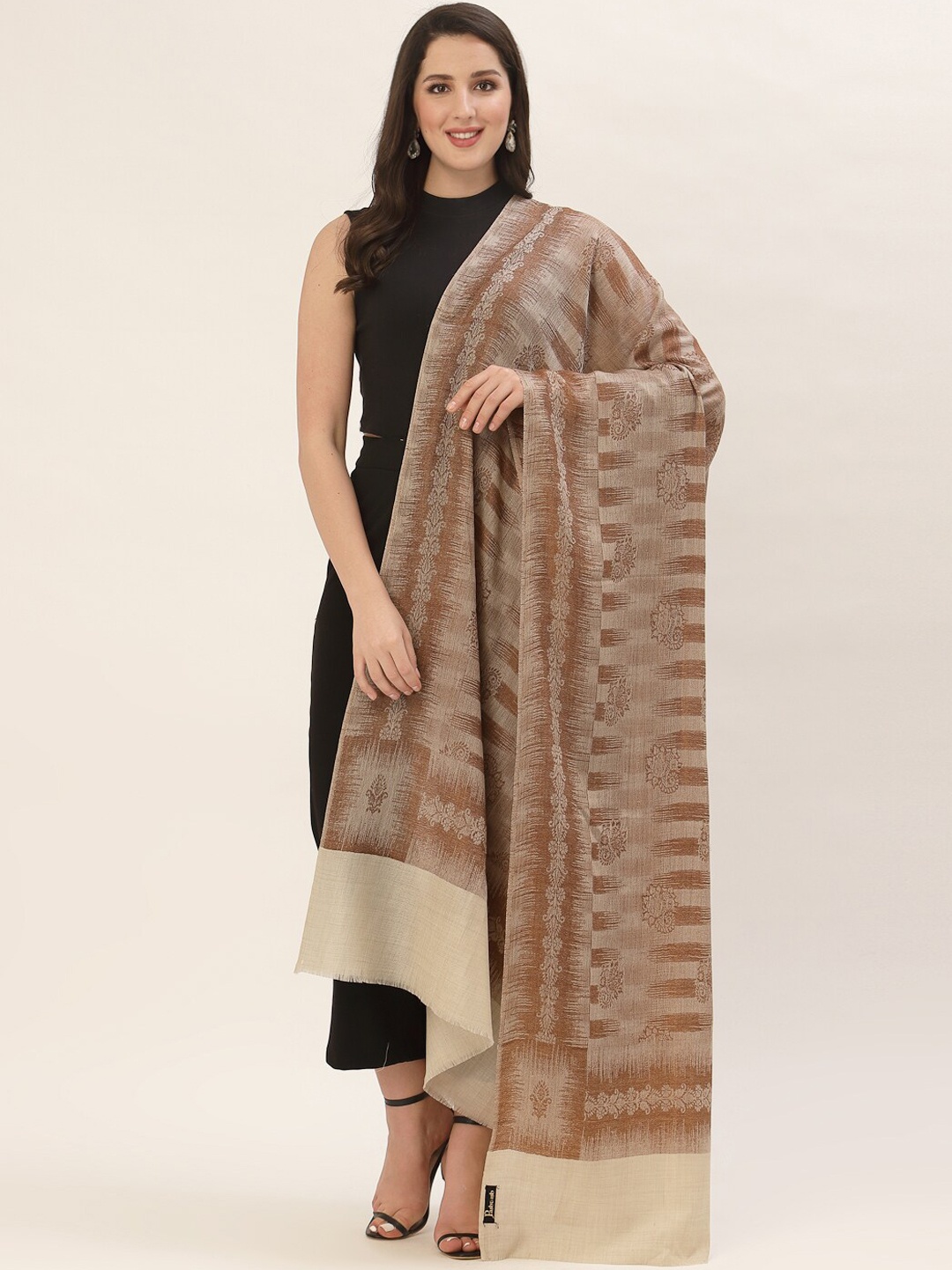 

Pashtush Women Beige Printed Pure Woolen Shawl