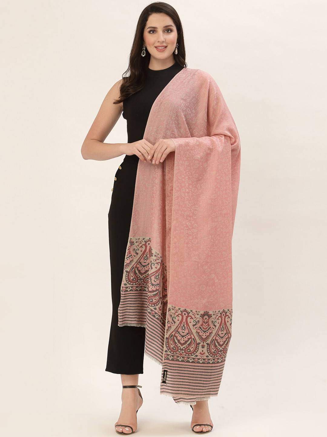 

Pashtush Women Pink Woven Design Woolen Shawl