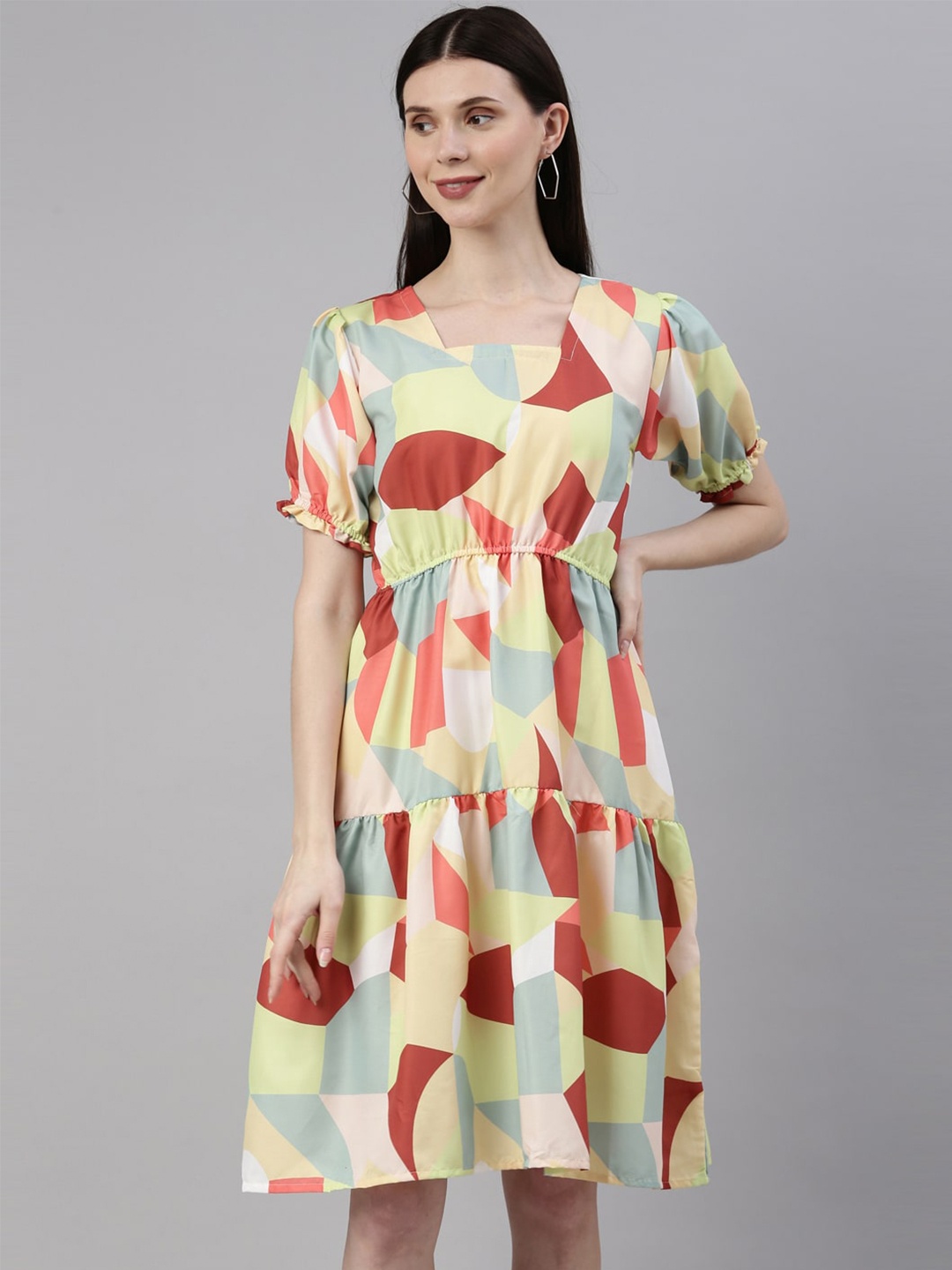 

ZHEIA Women Multicoloured Abstract Printed A-Line Cotton Dress, Multi