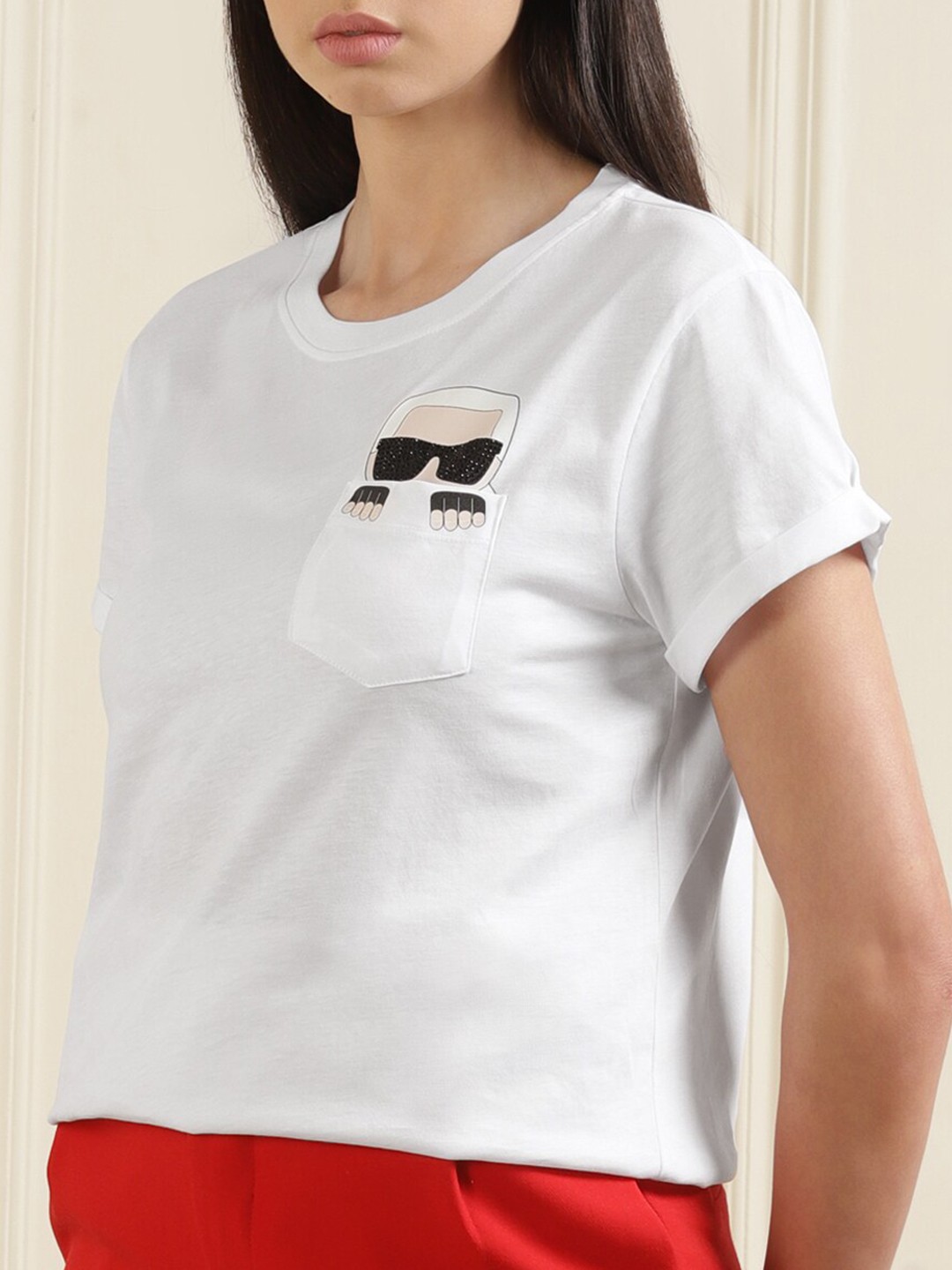 

Karl Lagerfeld Women White Graphic Printed Pure Cotton Top