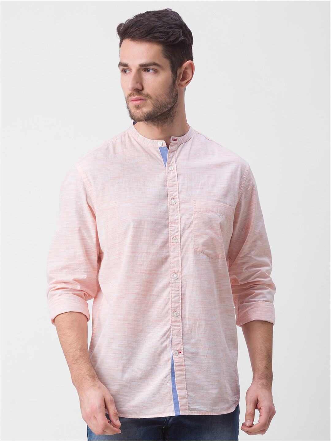 

Globus Men Peach-Coloured Comfort Horizontal Stripes Striped Casual Shirt