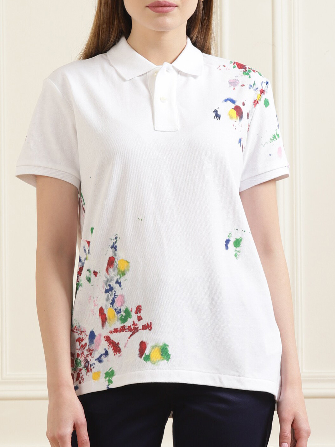

Polo Ralph Lauren Women White & Red Printed Polo Collar Pure Cotton T-shirt
