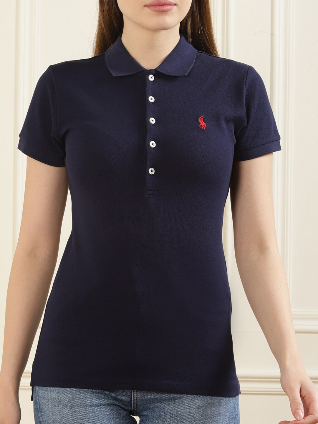 

Polo Ralph Lauren Women Navy Blue Polo Collar Pure Cotton T-shirt