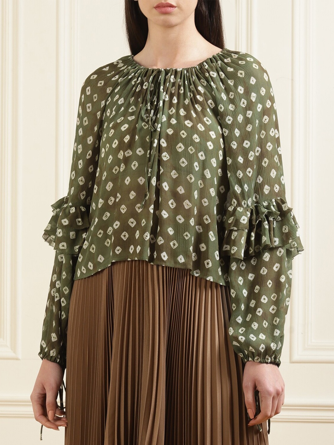 

Polo Ralph Lauren Green Tie and Dye Print Extended Sleeves Ruffles Top