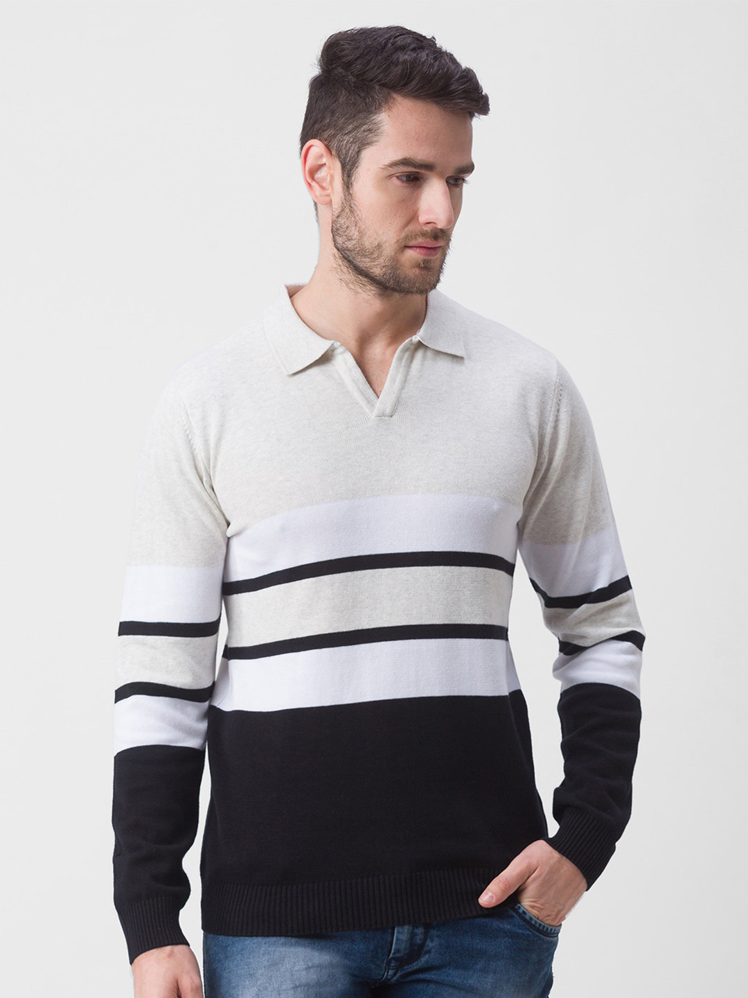

Globus Men Cream-Coloured & Black Striped Polo Collar T-shirt