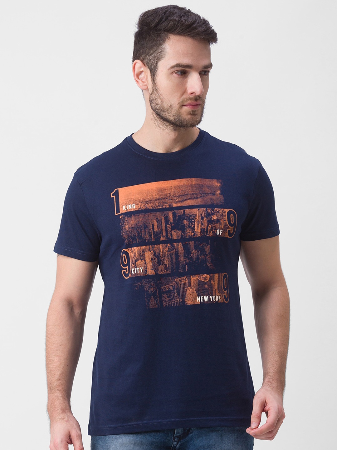 

Globus Men Navy Blue Typography Printed Cotton Slim Fit T-shirt