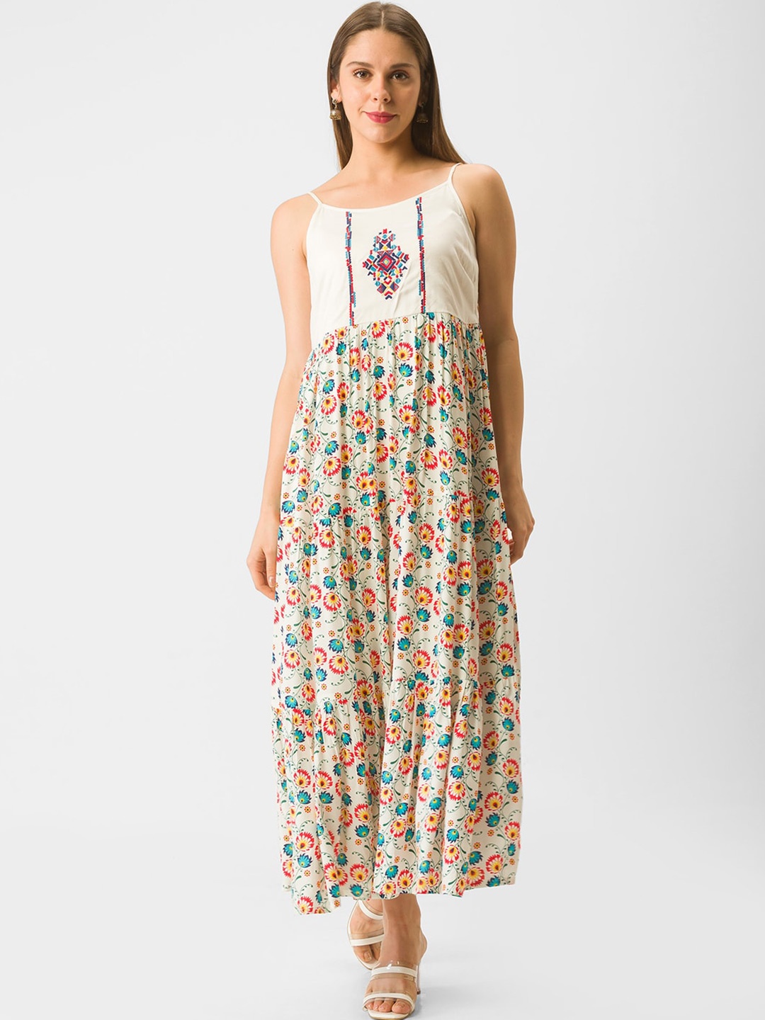 

Globus Off White & Green Floral Printed Shoulder Strap Liva Maxi Dress