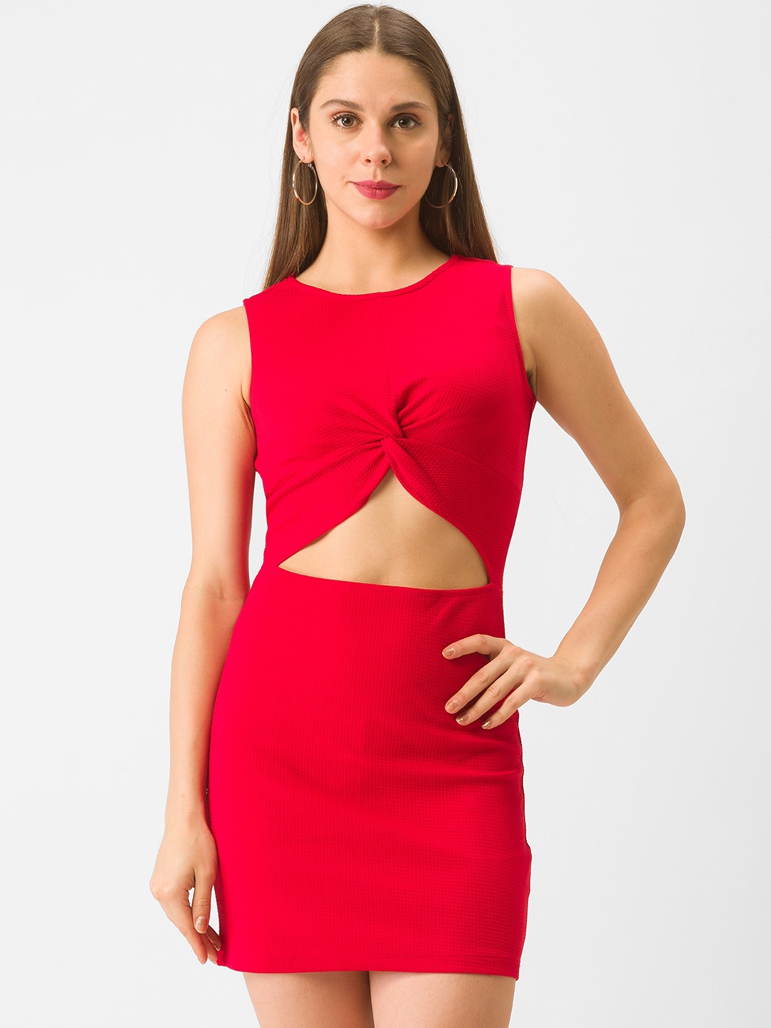 

Globus Red Solid Sheath Waist Cut-Out Mini Dress