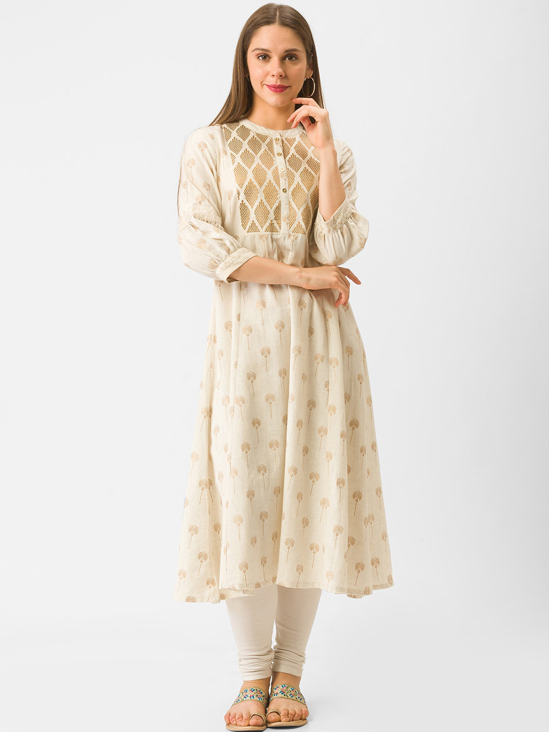 

Globus Women Cream-Coloured & Golden Geometric Printed Kurta