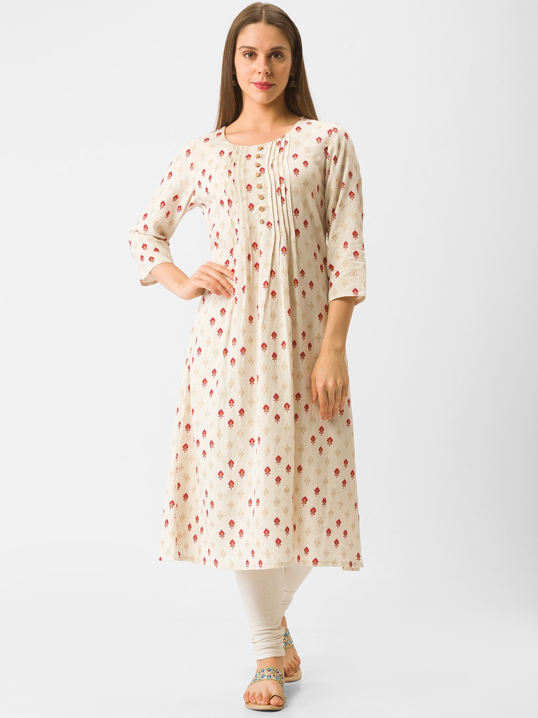 

Globus Women Cream-Coloured Floral Printed Khadi Kurta