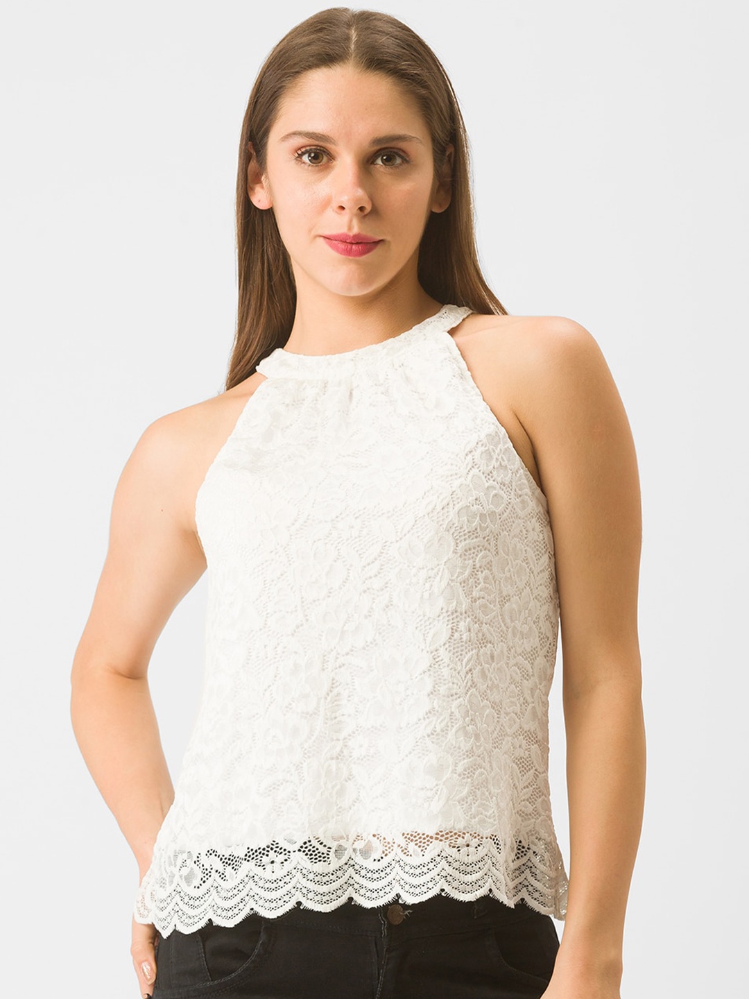 

Globus White Halter Neck Lace Top