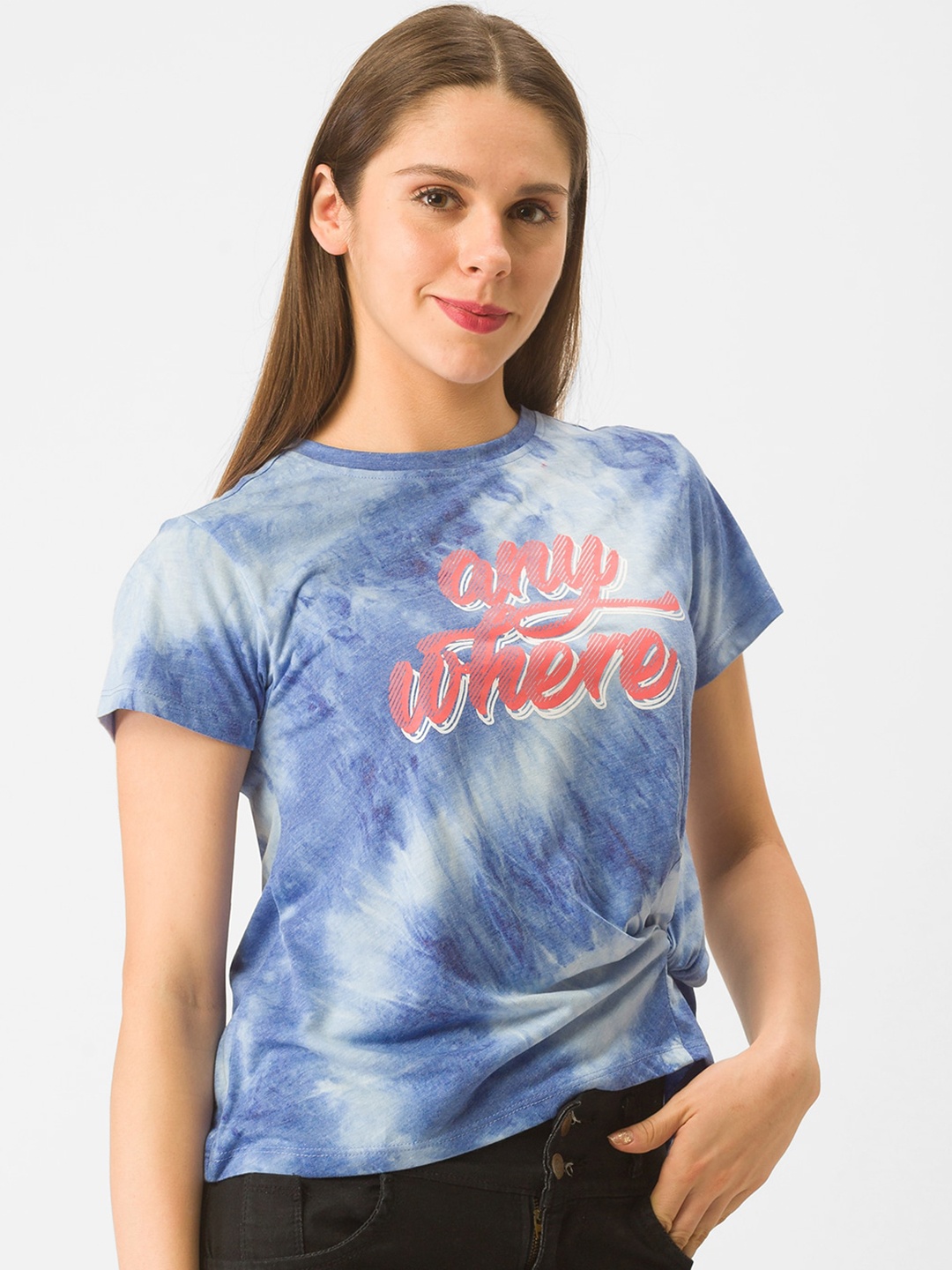 

Globus Women Blue Tie and Dye Dyed Raw Edge T-shirt