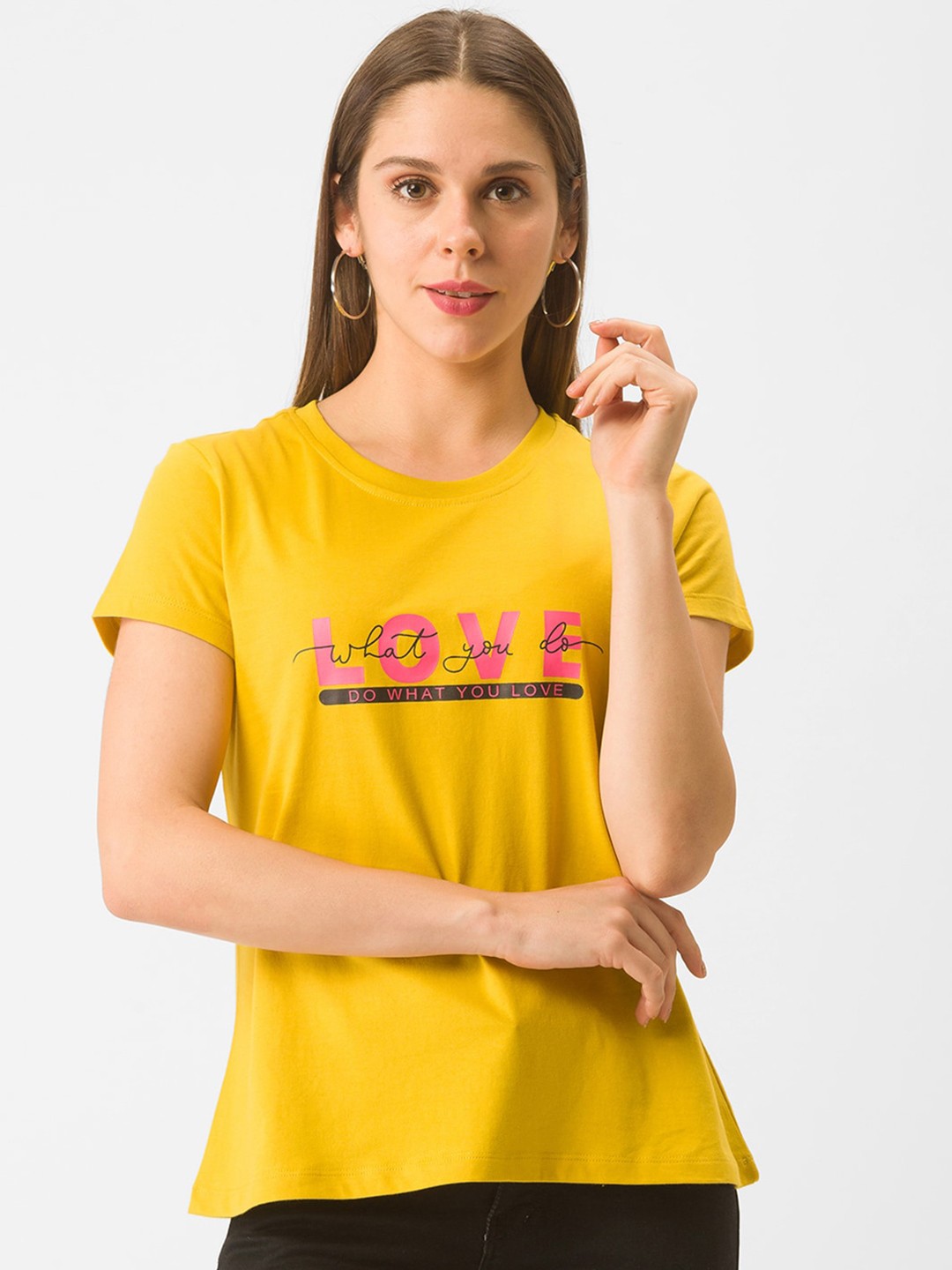 

Globus Women Mustard Yellow Typography Printed Pure Cotton T-shirt