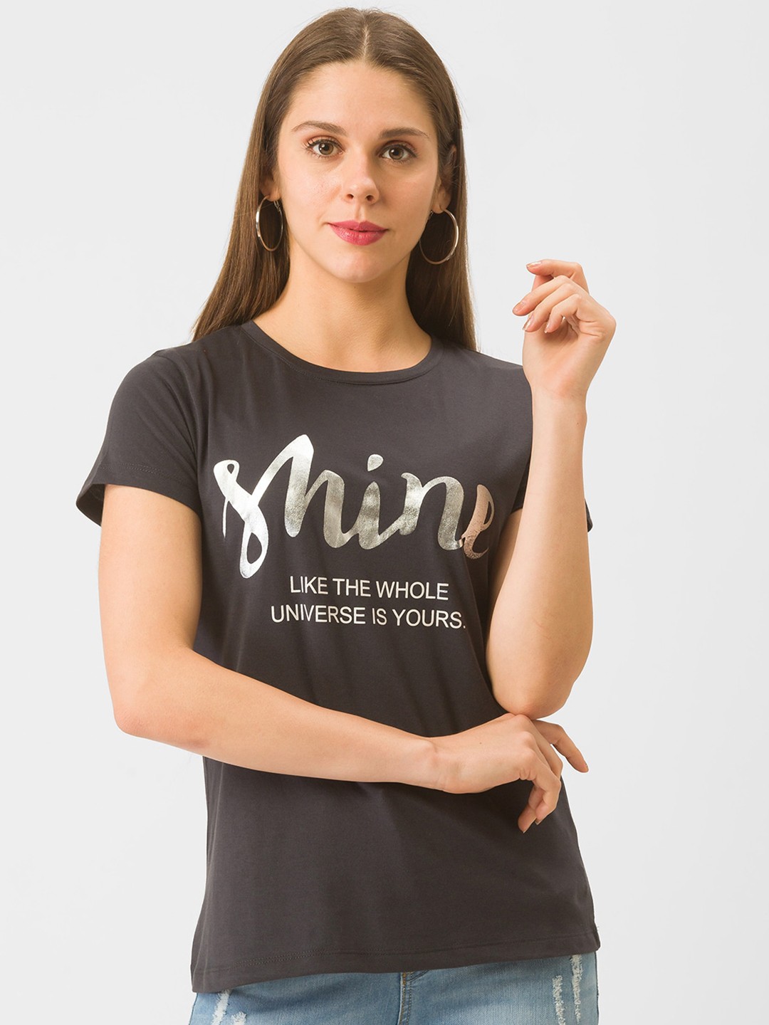 

Globus Women Charcoal & Silver-Toned Typography Printed T-shirt