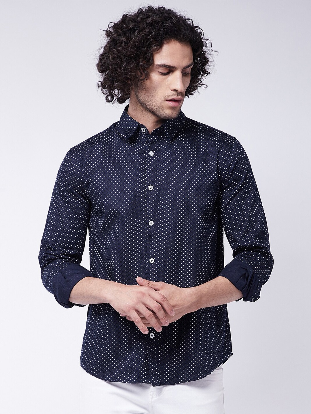 

Rick Masch Men Navy Blue Smart Slim Fit Printed Cotton Casual Shirt