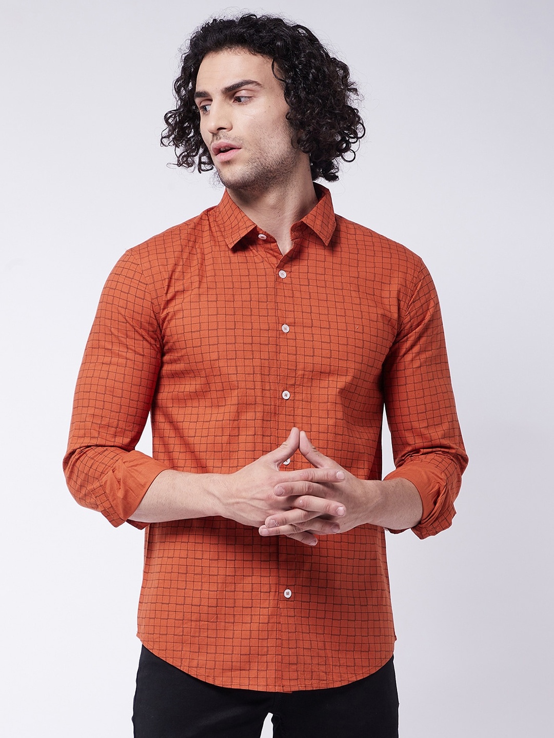 

Rick Masch Men Rust Smart Slim Fit Checked Casual Shirt