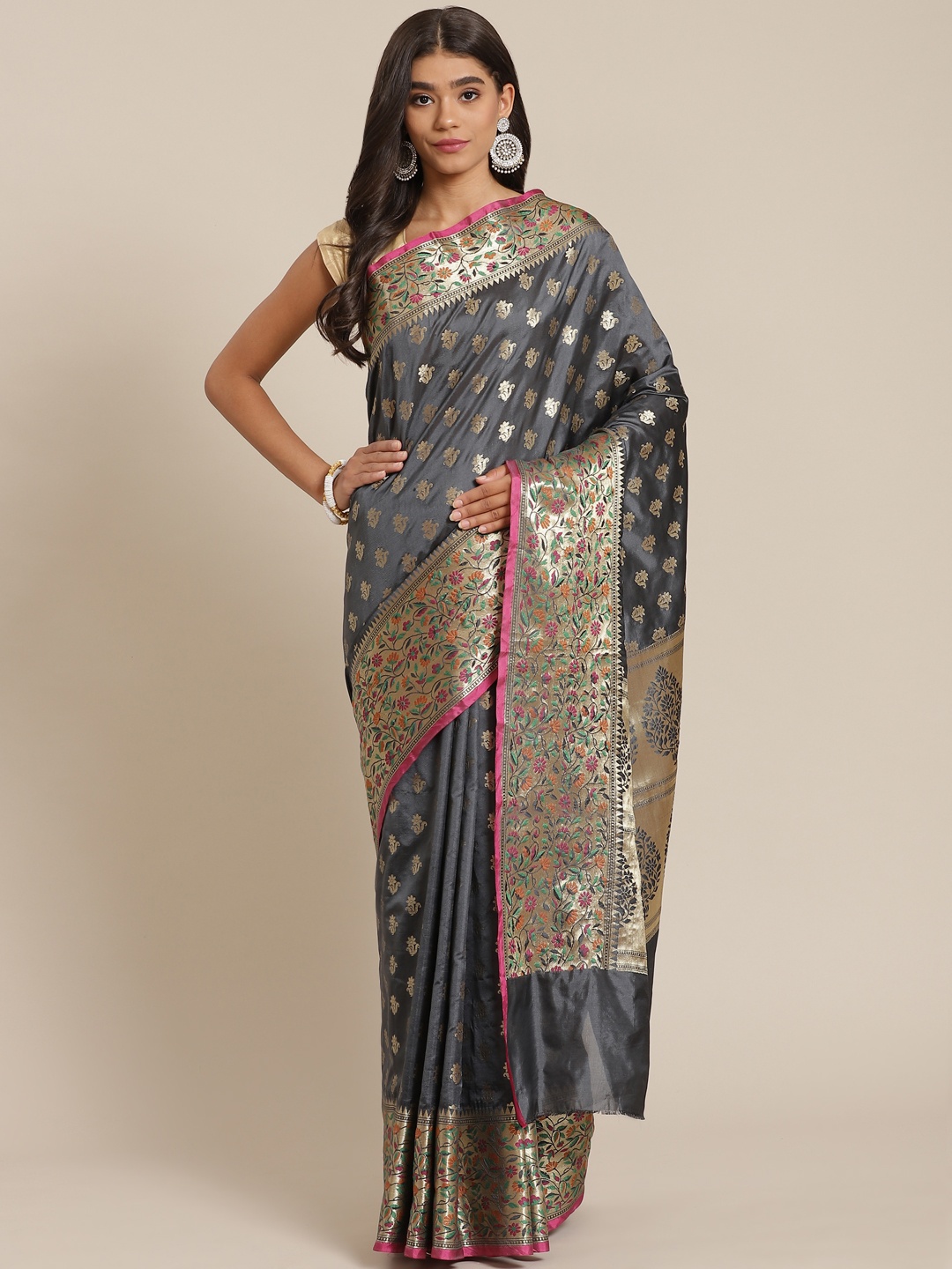 

Banarasi Style Grey & Gold-Toned Woven Design Art Silk Banarasi Saree