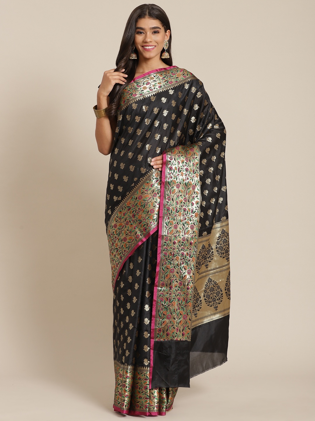 

Banarasi Style Black & Gold-Toned Woven Design Art Silk Banarasi Saree