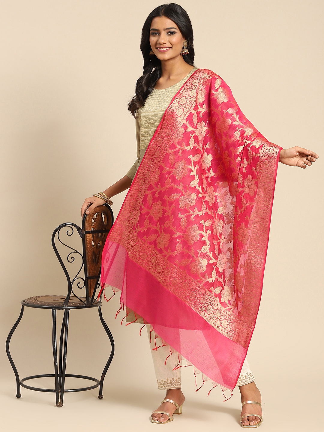 

Banarasi Style Pink & Golden Ethnic Motifs Cotton Silk Banarasi Dupatta with Zari