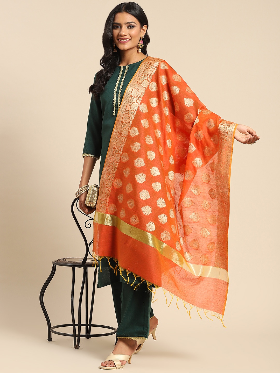 

Banarasi Style Peach-Coloured & Golden Ethnic Motifs Cotton Silk Banarasi Dupatta