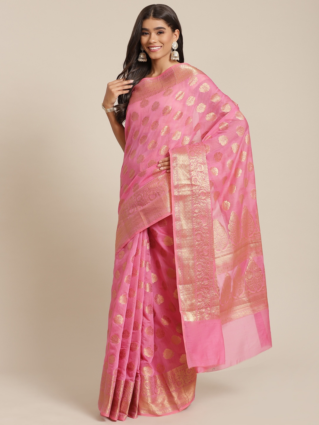 

Banarasi Style Pink & Gold-Toned Woven Design Silk Cotton Banarasi Saree