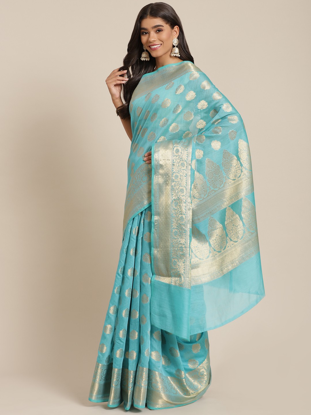 

Banarasi Style Blue & Gold-Toned Woven Design Silk Cotton Banarasi Saree