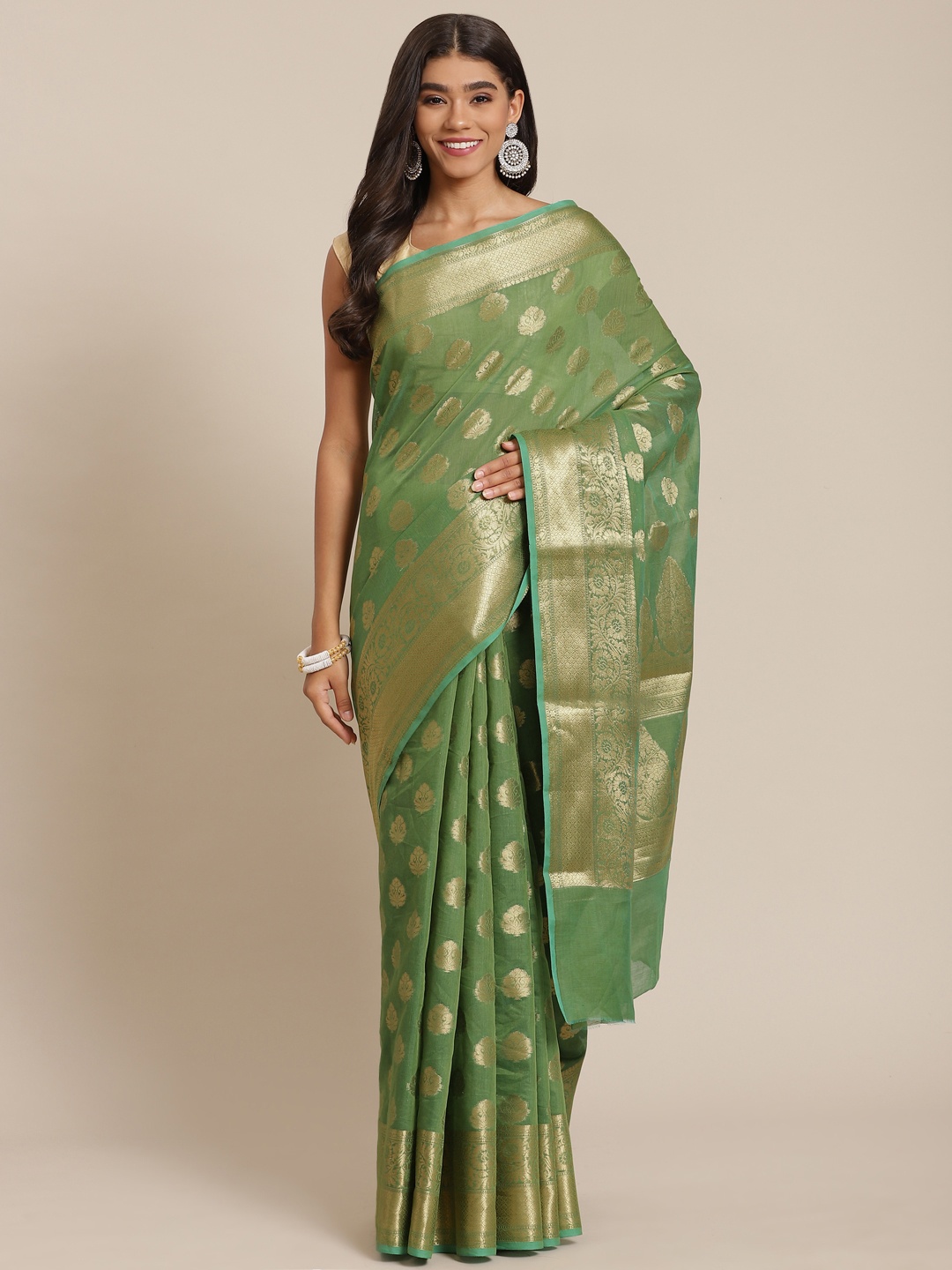 

Banarasi Style Green & Gold-Toned Woven Design Silk Cotton Banarasi Saree