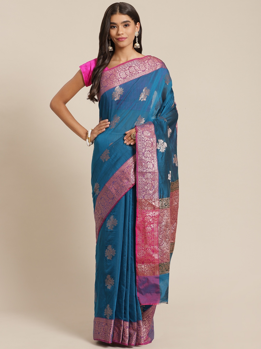 

Banarasi Style Blue & Pink Woven Design Silk Cotton Banarasi Saree