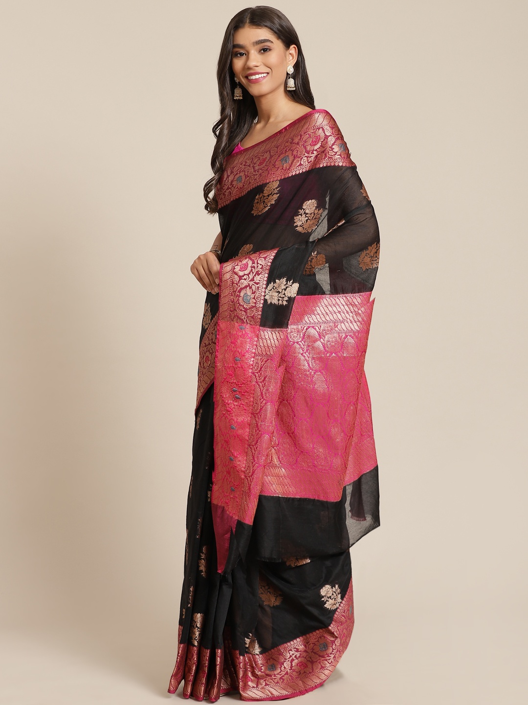 

Banarasi Style Black & Golden Ethnic Motifs Zari Silk Cotton Banarasi Saree