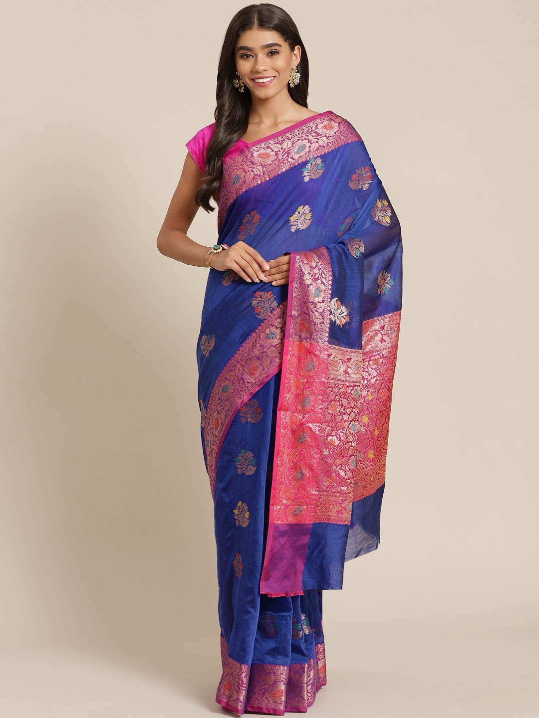 

Banarasi Style Blue & Pink Woven Design Silk Cotton Banarasi Saree