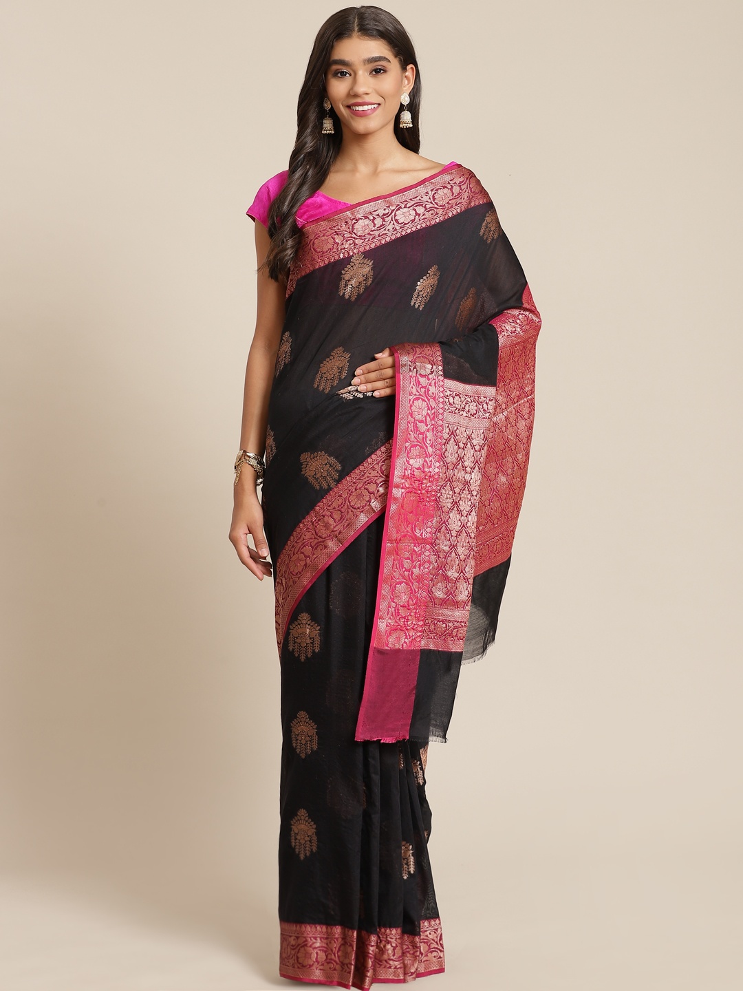 

Banarasi Style Black & Pink Woven Design Silk Cotton Banarasi Saree