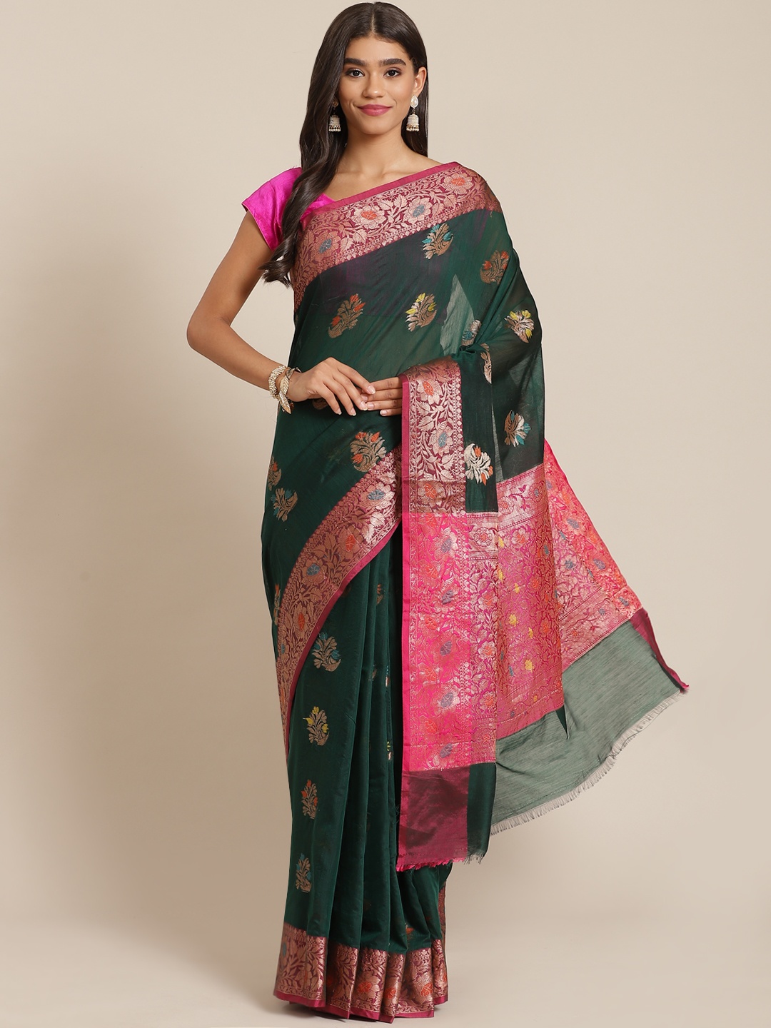 

Banarasi Style Green & Golden Ethnic Motifs Zari Silk Cotton Banarasi Saree