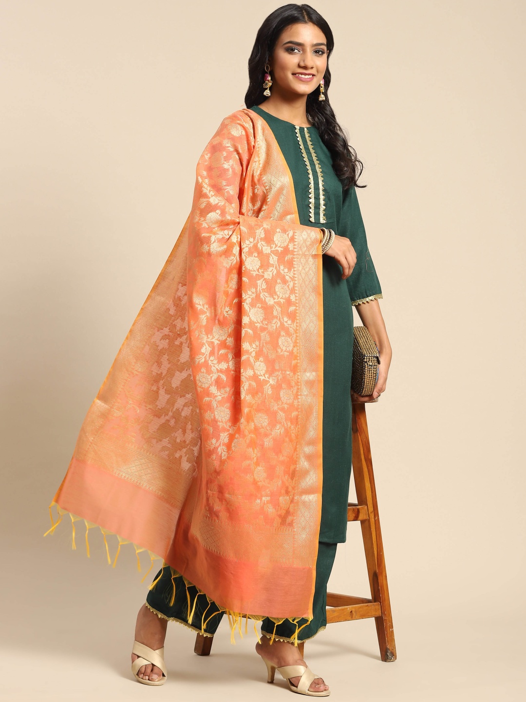 

Banarasi Style Peach & Golden Ethnic Motifs Cotton Silk Banarasi Dupatta with Zari