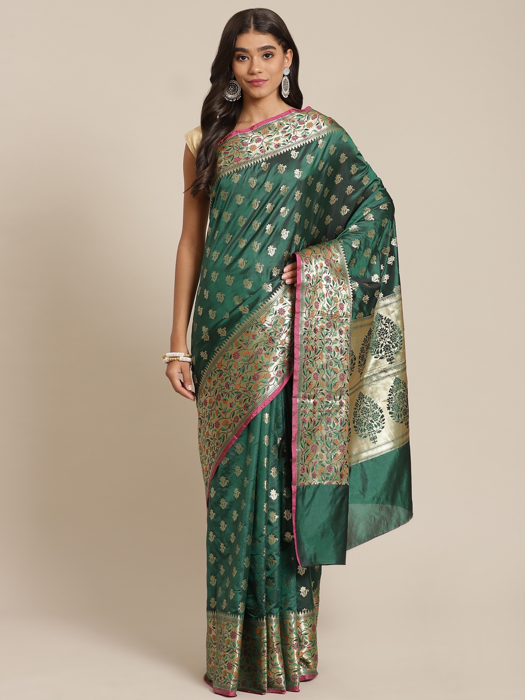 

Banarasi Style Green & Gold-Toned Woven Design Art Silk Banarasi Saree