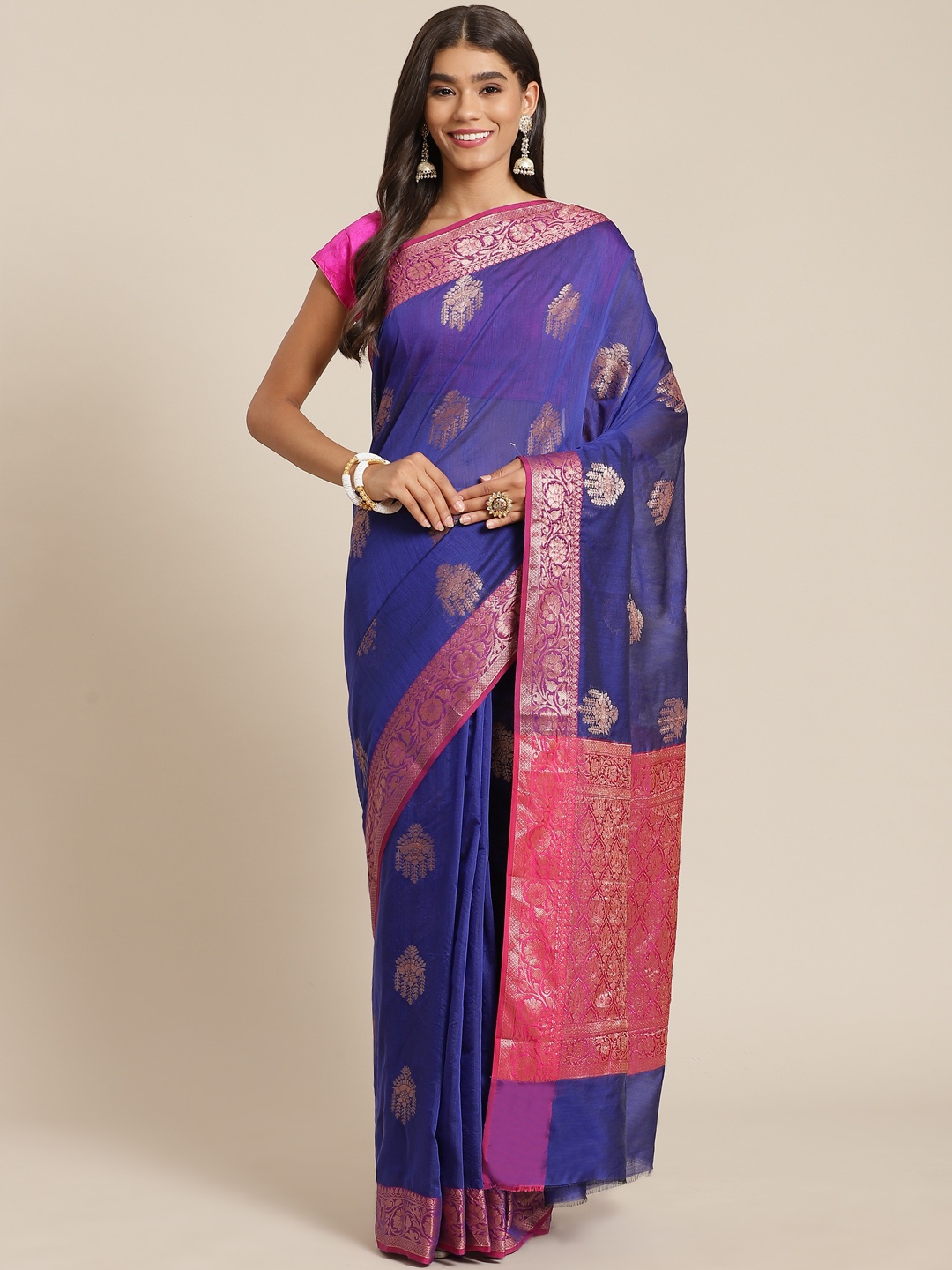 

Banarasi Style Blue & Pink Woven Design Silk Cotton Banarasi Saree