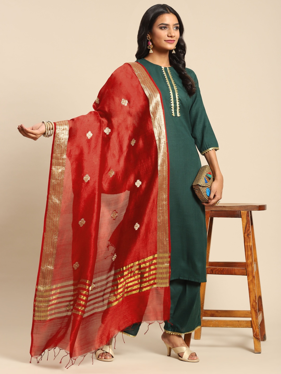 

Banarasi Style Red & Golden Ethnic Motifs Pure Silk Banarasi Dupatta with Zari