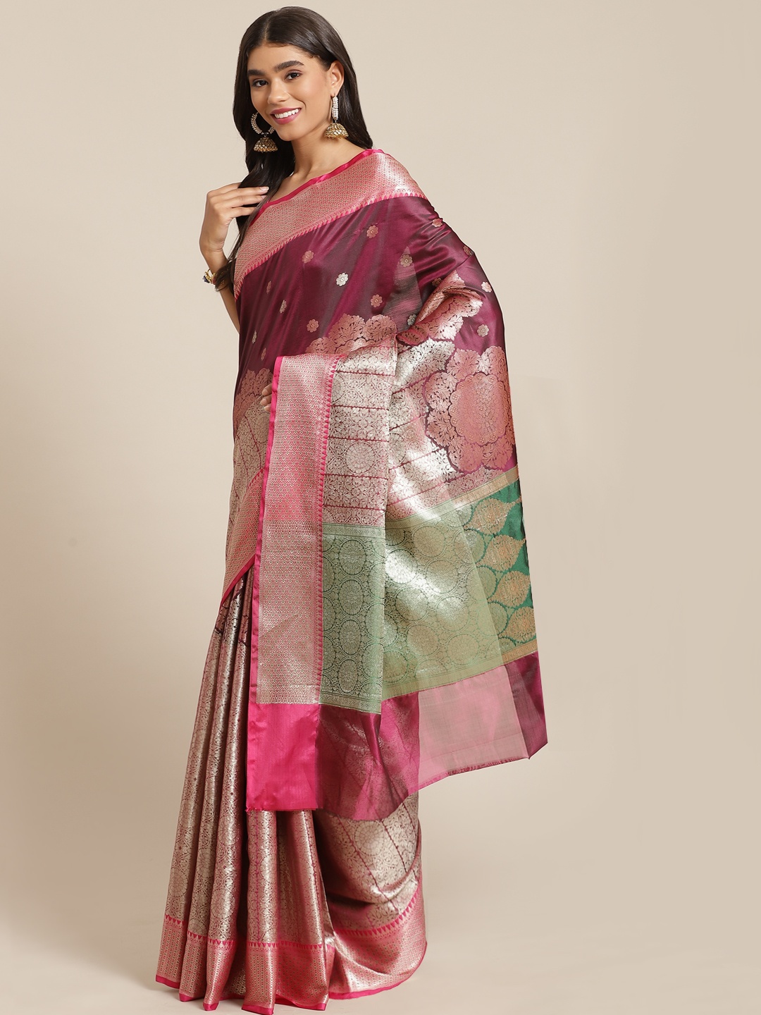 

Banarasi Style Maroon & Green Woven Design Art Silk Banarasi Saree