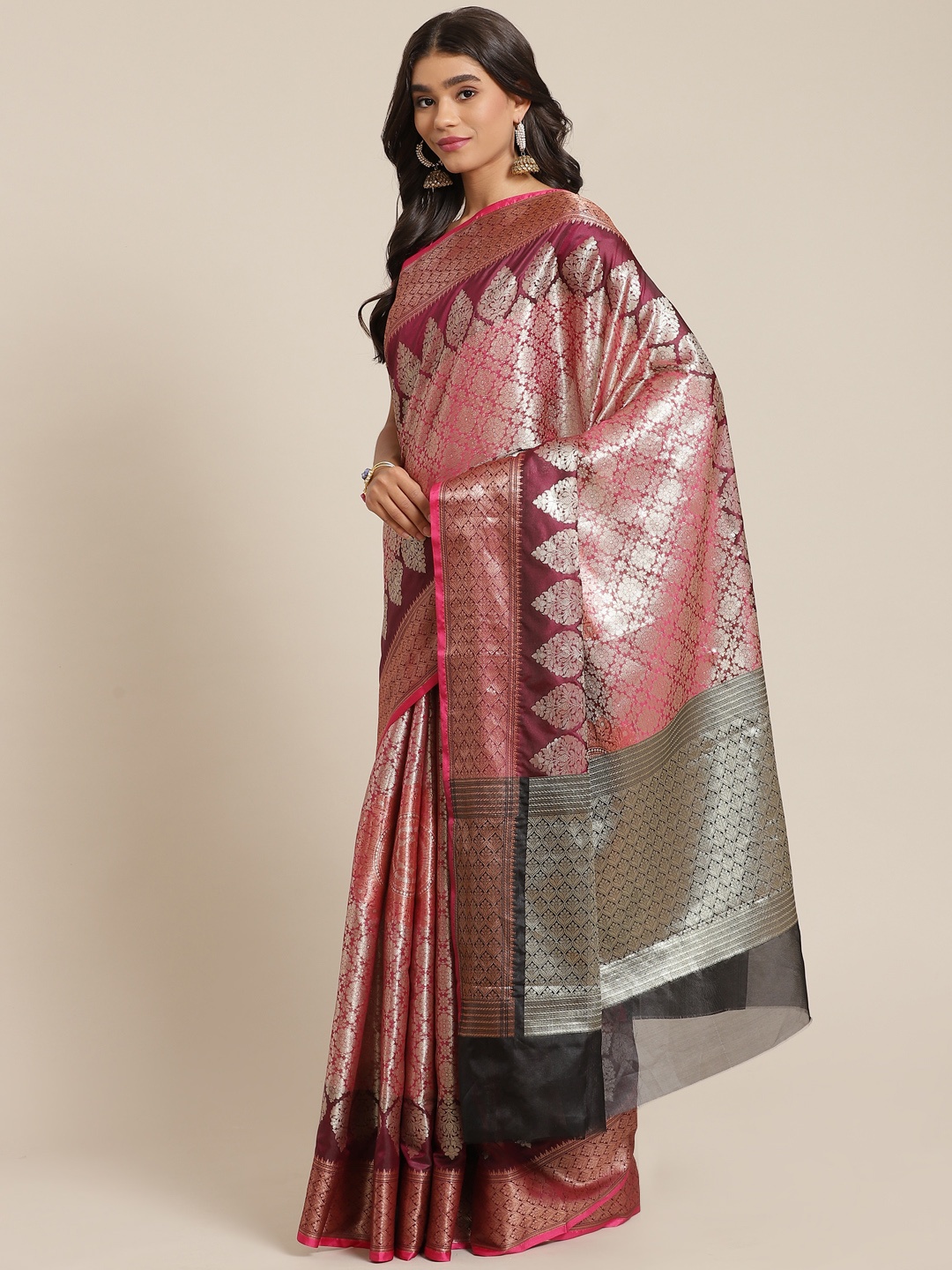 

Banarasi Style Maroon & Silver-Toned Woven Design Art Silk Banarasi Saree