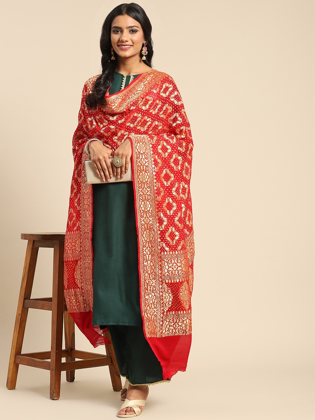 

Banarasi Style Red & Golden Ethnic Motifs Pure Silk Banarasi Dupatta with Zari